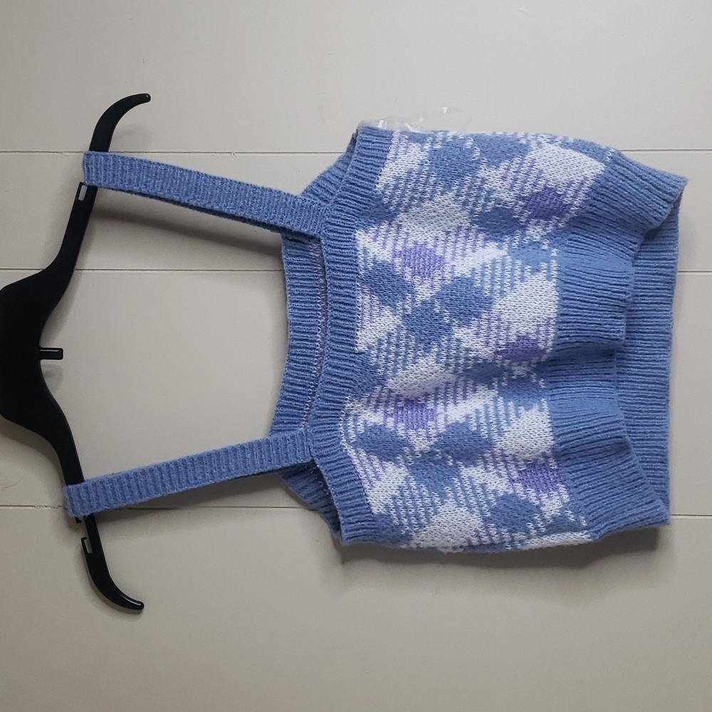 Argyle Sweater Knit Square Neck Sleeveless Sweater Large Blue Evolutionary - Picture 6 of 6